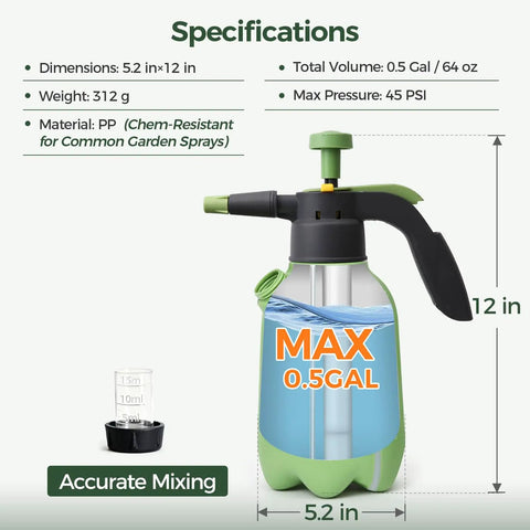 Half Gallon Hand Pump Sprayer For Home Garden Chores And Household Care With Easy Side Fill Port Built In Measuring Cup Adjustable Nozzle Refillable For Fertilizers Water And Cleaning Tasks, specifications displayed with measuring cup and dimensions