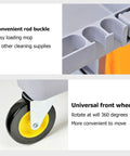 Heavy Duty Rolling Cleaning Cart Built Like A Tank For Busy Hotels And Commercial Spaces Featuring Super Smooth Casters And Hella Large Storage Compartments Made To Get The Job Done Right Every Single Time showing rod buckle and universal front wheel with 360-degree rotation.