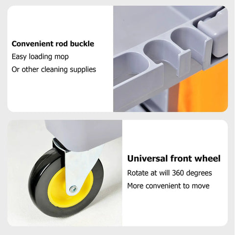 Heavy Duty Rolling Cleaning Cart Built Like A Tank For Busy Hotels And Commercial Spaces Featuring Super Smooth Casters And Hella Large Storage Compartments Made To Get The Job Done Right Every Single Time showing rod buckle and universal front wheel with 360-degree rotation.