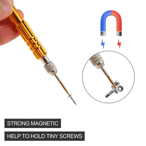 Gold Micro Precision Pro Grade Tiny Screwdriver Set with magnetic bit holding screws, showing non-slip handle detail.