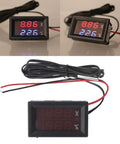 Front view of JAGTRADE 2-in-1 car thermometer and voltmeter with square LED display; red voltage digits, blue C readout; 12-24V.

Angled side view of JAGTRADE 2-in-1 car thermometer and voltmeter with square LED display; dual readouts; wiring harness visible.

Close-up of JAGTRADE 2-in-1 gauge with red and black power leads and bundled wiring harness.