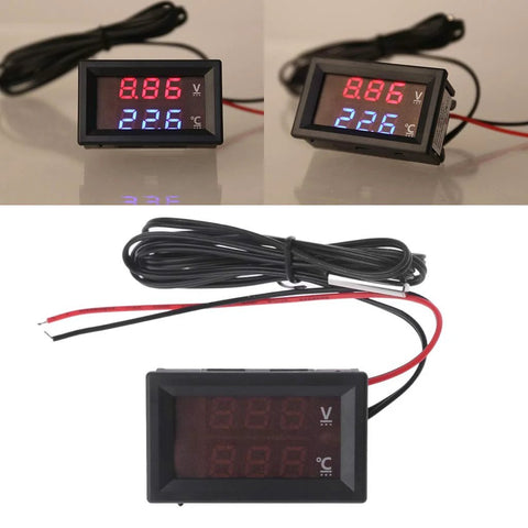 Front view of JAGTRADE 2-in-1 car thermometer and voltmeter with square LED display; red voltage digits, blue C readout; 12-24V.

Angled side view of JAGTRADE 2-in-1 car thermometer and voltmeter with square LED display; dual readouts; wiring harness visible.

Close-up of JAGTRADE 2-in-1 gauge with red and black power leads and bundled wiring harness.