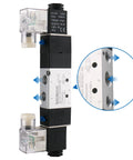 Pneumatic Solenoid Valve 4V230C-08 24V DC Internally Piloted, 5 Way 3 Position, PT1/4 ports, side and detail view
