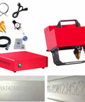 Pro Gear Pneumatic Dot Peen Marking Machine For Heavy Metal Engraving Projects With Digital Control To Stamp Vin Codes On Chassis Plates Using Real Deal Carbide Needle Tool beside engraved metal samples.