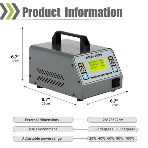 Paintless Dent Repair Kit With Induction Heater for Quick Dent Removal, 1000W PDR Tool dimensions and features display