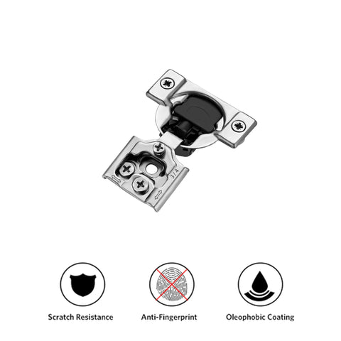 Two Pack Three Quarters Inch Overlay Cabinet Hinges With Soft Close For Kitchen Cabinets Stainless Steel Satin Nickel Finish Hidden Door Hinge Set Easy Install Includes Dowels And Mounting Screws, shown in a front view with anti-fingerprint and scratch-resistant features.