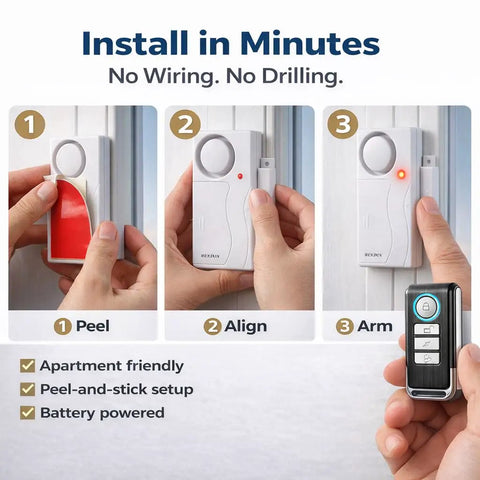 Installation steps for Wireless Remote Door And Window Alarm With Magnetic Sensor, includes remote control close-up