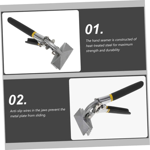 3 Inch Hand Seamer Tool for Sheet Metal Bending and Seaming with heat-treated steel construction, straight jaw design, black grip handle