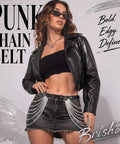 Edgy Punk Waist Chain Belt Black Leather Harness With Silver Layered Chains Snatching That Hip Curve Adjustable Fit shown with a crop top.