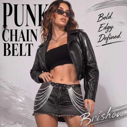Edgy Punk Waist Chain Belt Black Leather Harness With Silver Layered Chains Snatching That Hip Curve Adjustable Fit shown with a crop top.