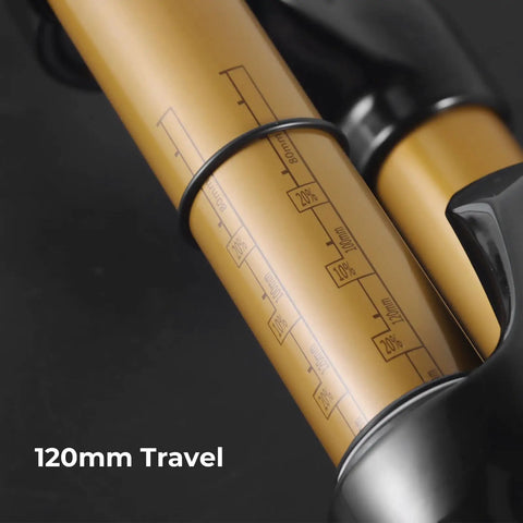 Close-up of Dope Aluminum Mountain Bike Suspension Fork with 120mm travel markings, black and gold finish.