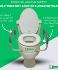 Raised Toilet Seat Riser with Padded Aluminum Arms for Support 3.5 Inch Lift Fits Most Standard Round Toilets Easy To Install
