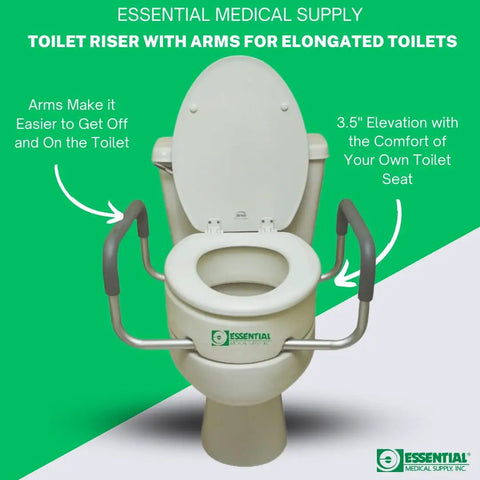 Raised Toilet Seat Riser with Padded Aluminum Arms for Support 3.5 Inch Lift Fits Most Standard Round Toilets Easy To Install