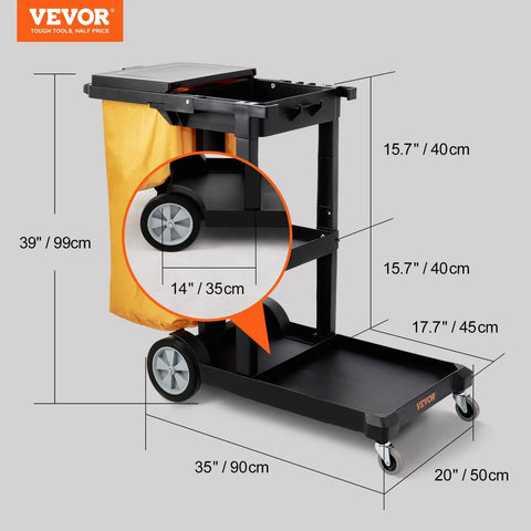 Three Shelf Cleaning Cart That Packs 200 Lb Capacity, 25 Gallon PVC Bag And Cover, Heavy Duty Janitorial Cart Built For The Hustle
