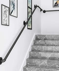 Matte Black Industrial Pipe Stair Handrail Featuring Badass Non Slip Grip Solid Wrought Iron Wall Banister No Sweat Indoor Outdoor Safety Support Bar For House And Stairs on staircase.