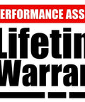 Limited performance assurance lifetime warranty label in bold black and red text on a white background.