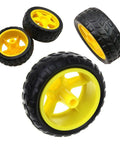 Eight Pack Dope Wheel Set For RC Cars And Smart Robots, 65mm Rubber Tires, yellow plastic hubs, various angles view