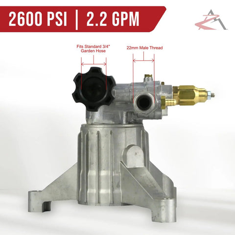 AR 2600 PSI Pressure Washer Pump Replacement With 2.2 GPM, Seven Eighths Inch Shaft, Compatible With Troy-Bilt 020415