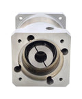 Heavy Hitter Right Angle Planetary Gearbox With Easy Swap Industrial Reduction Ratios Designed For 80 And 90 Millimeter Servo Motors Providing Ridiculously Smooth Rotation close-up image showing the gearbox structure and mounting points.
