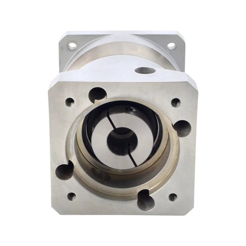 Heavy Hitter Right Angle Planetary Gearbox With Easy Swap Industrial Reduction Ratios Designed For 80 And 90 Millimeter Servo Motors Providing Ridiculously Smooth Rotation close-up image showing the gearbox structure and mounting points.