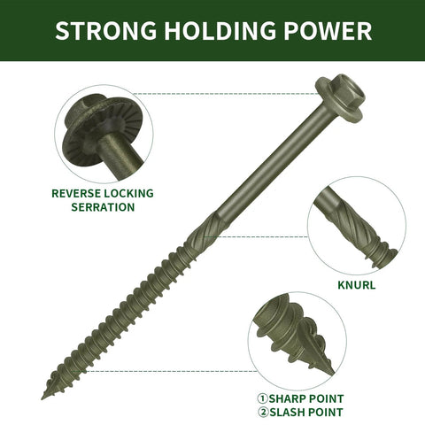 Tough-As-Nails Heavy-Duty Exterior Timber Screws Five Sixteenth Inch By Twelve Inch Self-Tapping Hex Head Lag Bolts For Decks Fences Gazebos And Landscape Projects Rust-Resistant Green Coated Six-Piece Sample Pack, showing design features like locking serration and knurl.