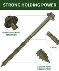 Heavy-Duty #14 Timber Screws With Hex Socket Heads, Green Zinc Coated Rust Resistant Finish, showcasing sharp point and knurl design.