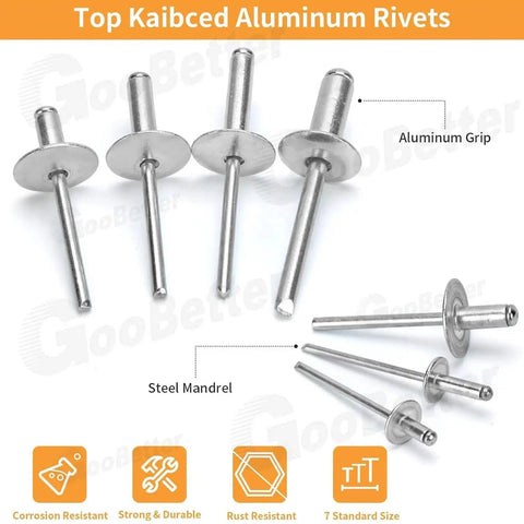 500 Piece Aluminum Blind Rivet Kit With 14 Size Assortment Pop Rivets Set displayed with aluminum grips and steel mandrels