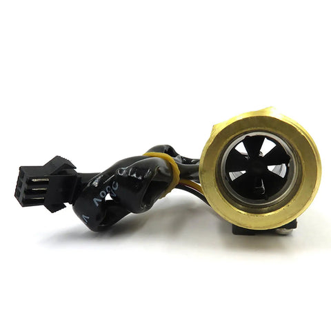 Front view of Three Quarter Inch Brass Flow Sensor Switch With Hall Effect Water Meter showing inlet fan, BSPT male thread, wires visible