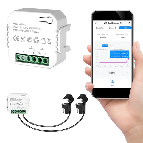 Image of dual channel home energy monitor with 2x120A sensors, app interface on phone, ideal for smart home energy management.