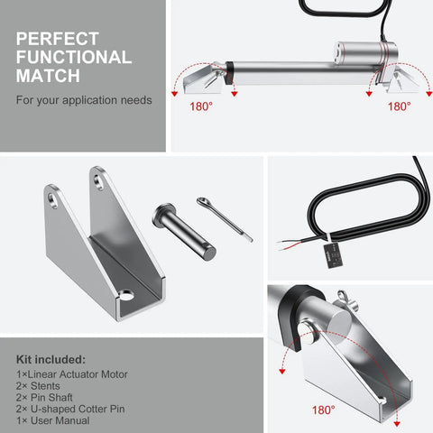 12V Heavy Duty Linear Actuator 330LBS 1500N 8 Inch 200mm Travel Quiet IP65 Electric Actuator With Brackets shown with components