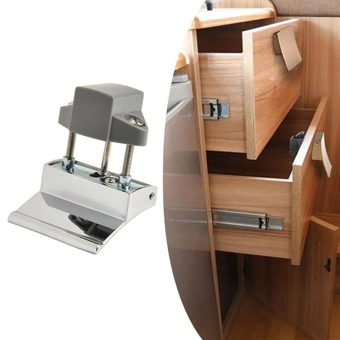 Rugged RV Cabinet Lock Knob With Push Latch For Camper, shown installed on wooden cupboard doors in an open position.