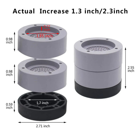 Beefy Heavy Duty Furniture Risers Set Of 4, 2 Inch Round Bed Lifts With 1 And 3 Inch Inserts, showing measurements and stackable design