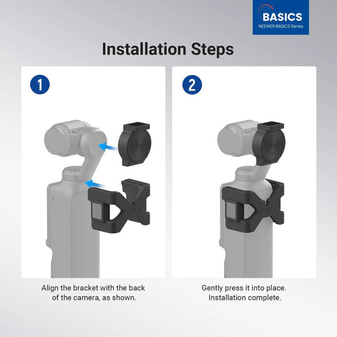 Installation steps for Magnetic LED Fill Light For DJI Osmo Pocket 3 Gimbal, showing the bracket alignment and attachment.