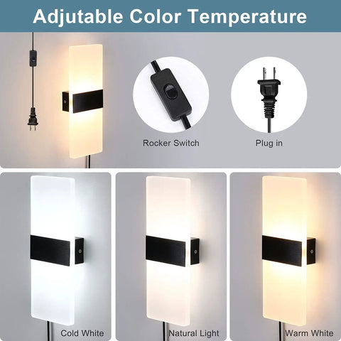 Plug In Wall Light Sconce With Adjustable Color Temperature, 12W Indoor Lamp, 3 Color Temperatures, plug and switch detail