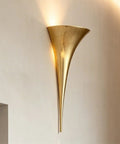 Curved Flared Metal Wall Sconce With Vintage Brushed Copper Iron Design Adds A Killer Upward Glow Perfect For Super Cozy Bedroom Reading And Chic Home Decor, gold cone shape.
