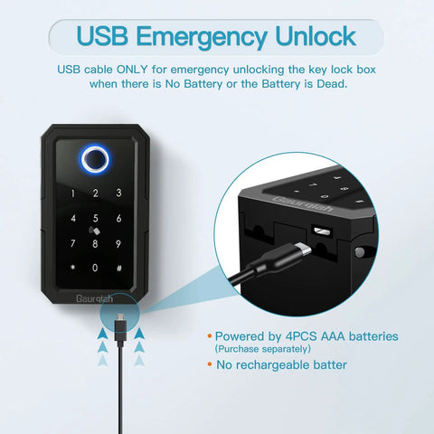 Smart Key Lock Box With Bluetooth Unlock Fingerprint Recognition TTLock App Control Ekey Passcode IC Card Access showcasing USB emergency unlock feature.