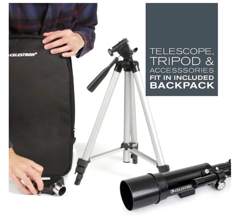 Travel Scope 60 Refractor Telescope Designed For Daylight Birdwatching And Night Sky Stargazing, tripod, and backpack in scene