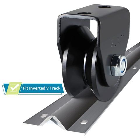Four Pack V Groove Caster Two Point Five Inch Wheel Sliding Gate Wheel Rigid Caster For Rolling Gates And Fences Sawmill Use Heavy Duty Seven Hundred Seventy Two Pound Load Capacity Per Caster Ideal For Heavy Use In Outdoor Environments And Shop shown installed on V track