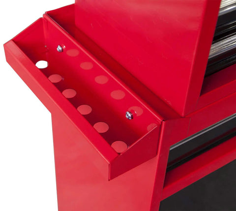Close-up of red Rolling Garage Workshop Tool Organizer With Detachable Four-Drawer Chest and side holes.