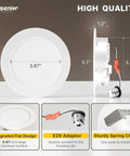 Dual Mode Five Six Inch LED Can Lights With Night Light 24 Pack dimensions and parts view, including E26 adaptor and spring clips.