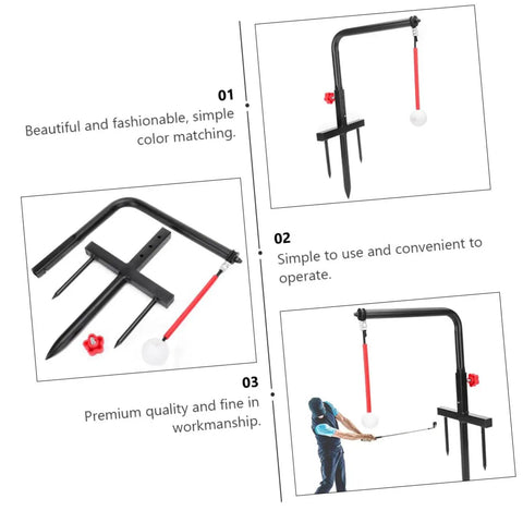Iron Swing Training Tool Golf Practice Gear with black frame and red swing tool for posture and swing accuracy practice outdoors.