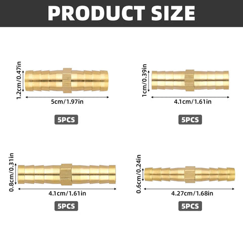 Product size chart of 20 Piece Brass Hose Barb Fitting Set 1/4 5/16 3/8 1/2 Inch Barb Adapters for Air Water Fuel Oil Hoses