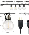 Diagram of Outdoor String Lights 48Ft With 25 G40 Shatterproof LED Bulbs Waterproof Hanging Lights for connection and size details.