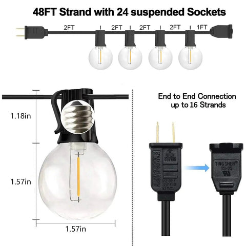 Diagram of Outdoor String Lights 48Ft With 25 G40 Shatterproof LED Bulbs Waterproof Hanging Lights for connection and size details.