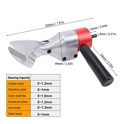 Heavy Duty Metal Shear Drill Attachment That Knocks Out Iron Aluminum Or Stainless Steel Sheets With CRV Steel Blade and smooth handle.
