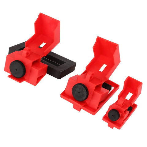 Beefy Heavy Duty Circuit Breaker Lockout Kit Single Pole Clamp On Nylon Hardware, 3 red nylon clamp-on pieces displayed.