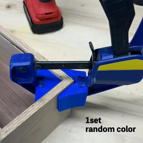 Corner Clamp Adapter For Quick Clamp 90 Degree Woodworking Tool Set in use on wooden corner, blue color