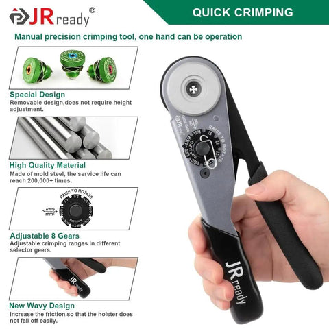 Hand holding crimp tool from 25 Piece ST2173 Deutsch Connector Tool Kit With ACT HDT Crimp Tool For Deutsch Size 12 16 20 Solid Contacts And Pin Removal Tools For 4 8 12 16 20 Wiring In Cars And RVs Pro Grade Gear