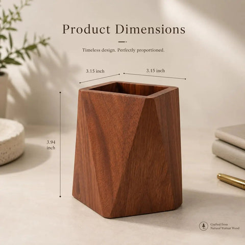 Black Walnut Wood Pen Holder For Desk, Sleek Modern Pencil Cup Organizer on a desk with dimensions shown, luxury wood desk accessory.