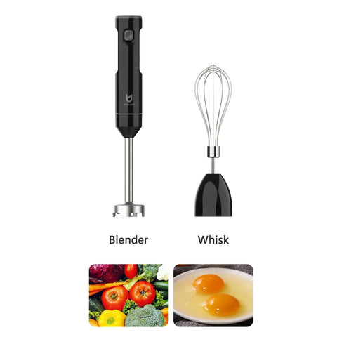 Total Game Changer Cordless Hand Blender With Whisk For Smoothies Soups And Baby Food Purees, black stainless design with vegetables and eggs.